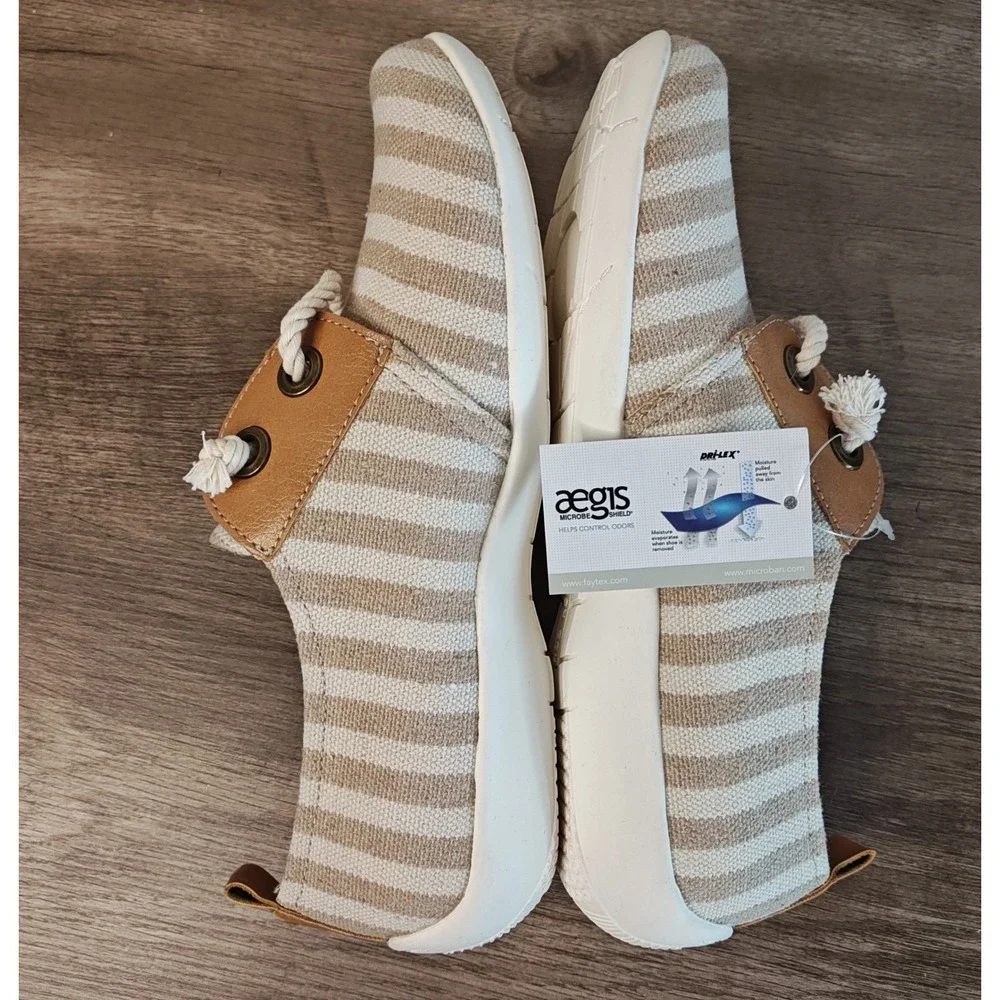 Ros Hommerson Calypso‎ Womens 8M Striped Canvas Shoe Casual Slip On Tan White